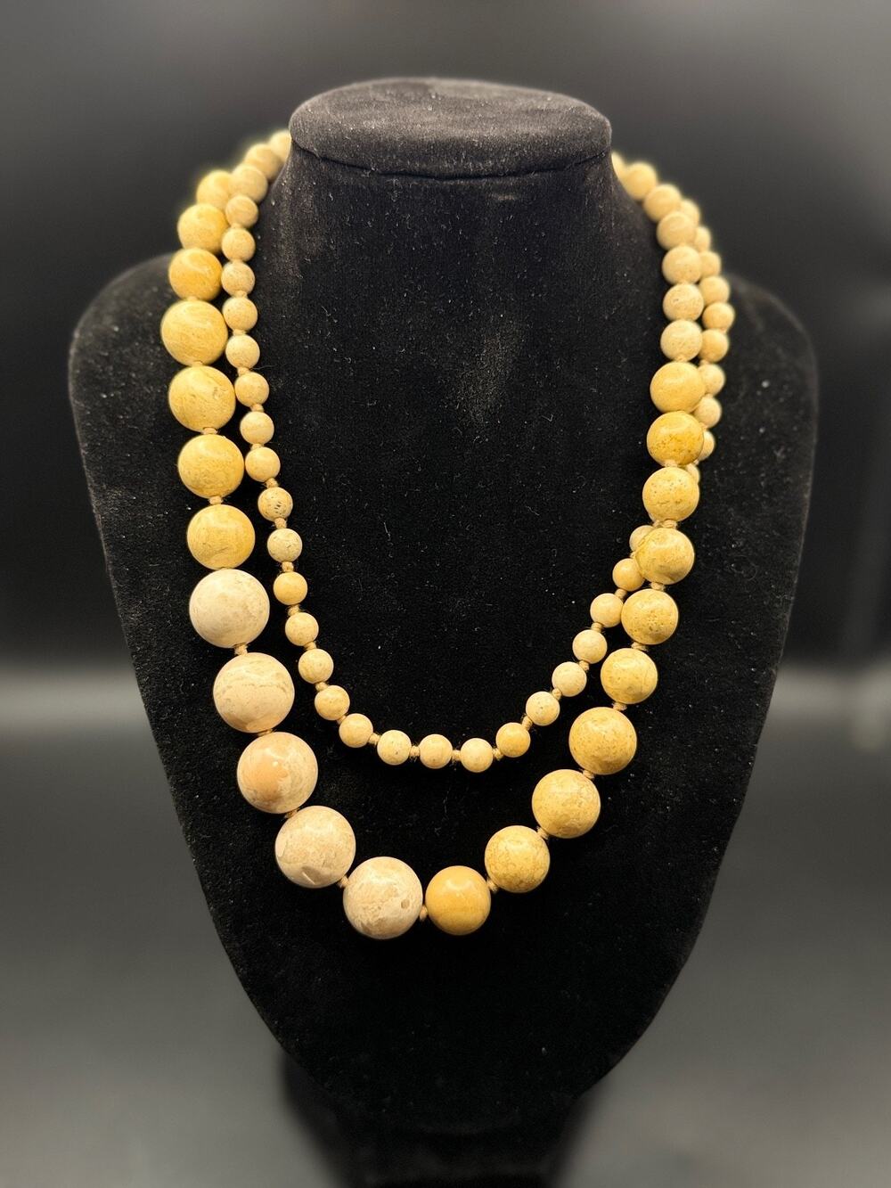 VTG Boho Natural Fossil Coral Stone Beaded Necklace 32” Graduated Round Beads
